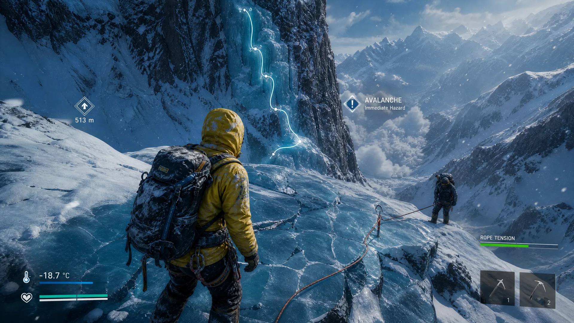 A co-op rescue team crossing a collapsing alpine ice shelf with ropes.