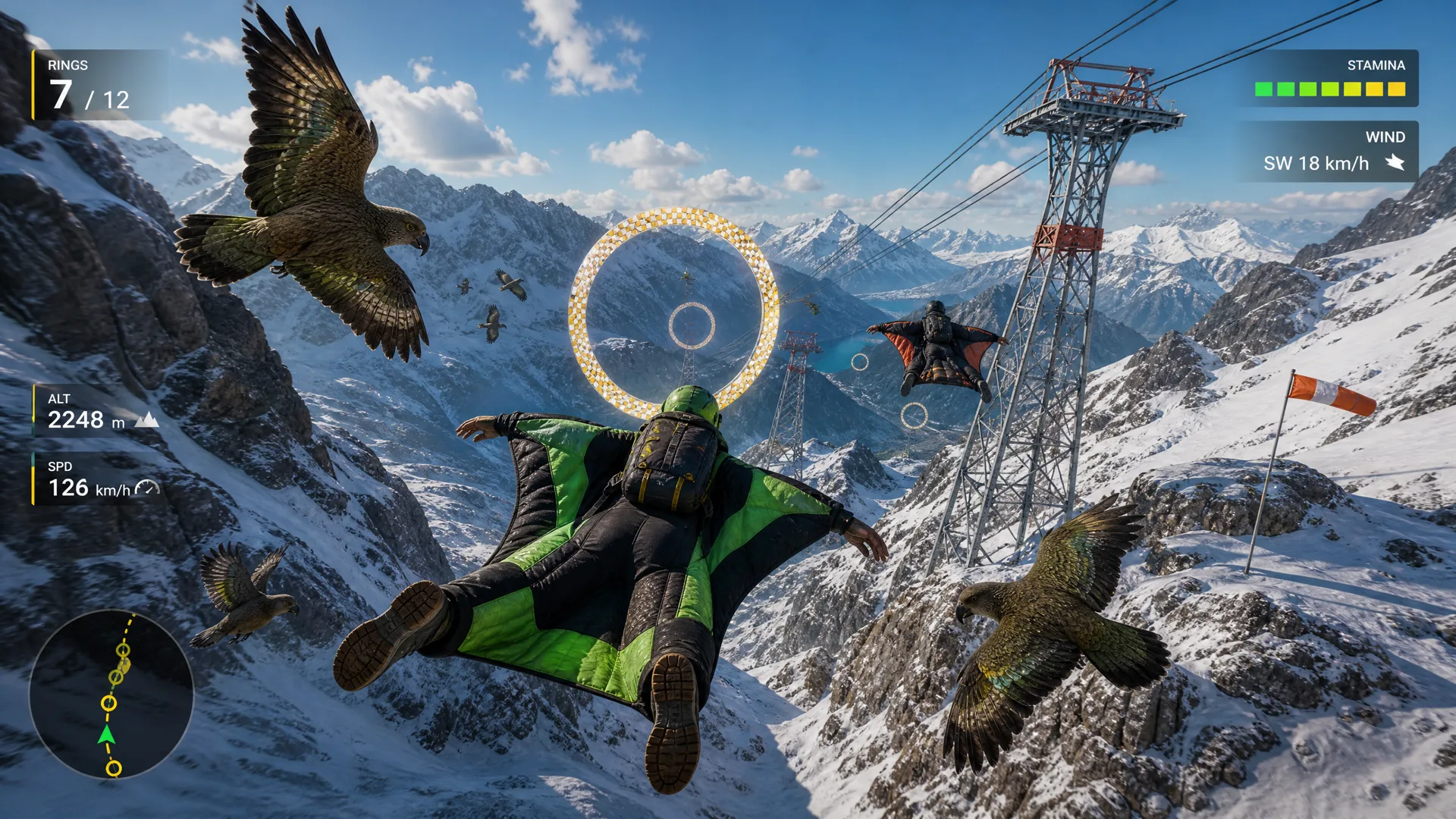 Racing drones flying through mountain checkpoints above an alpine valley.
