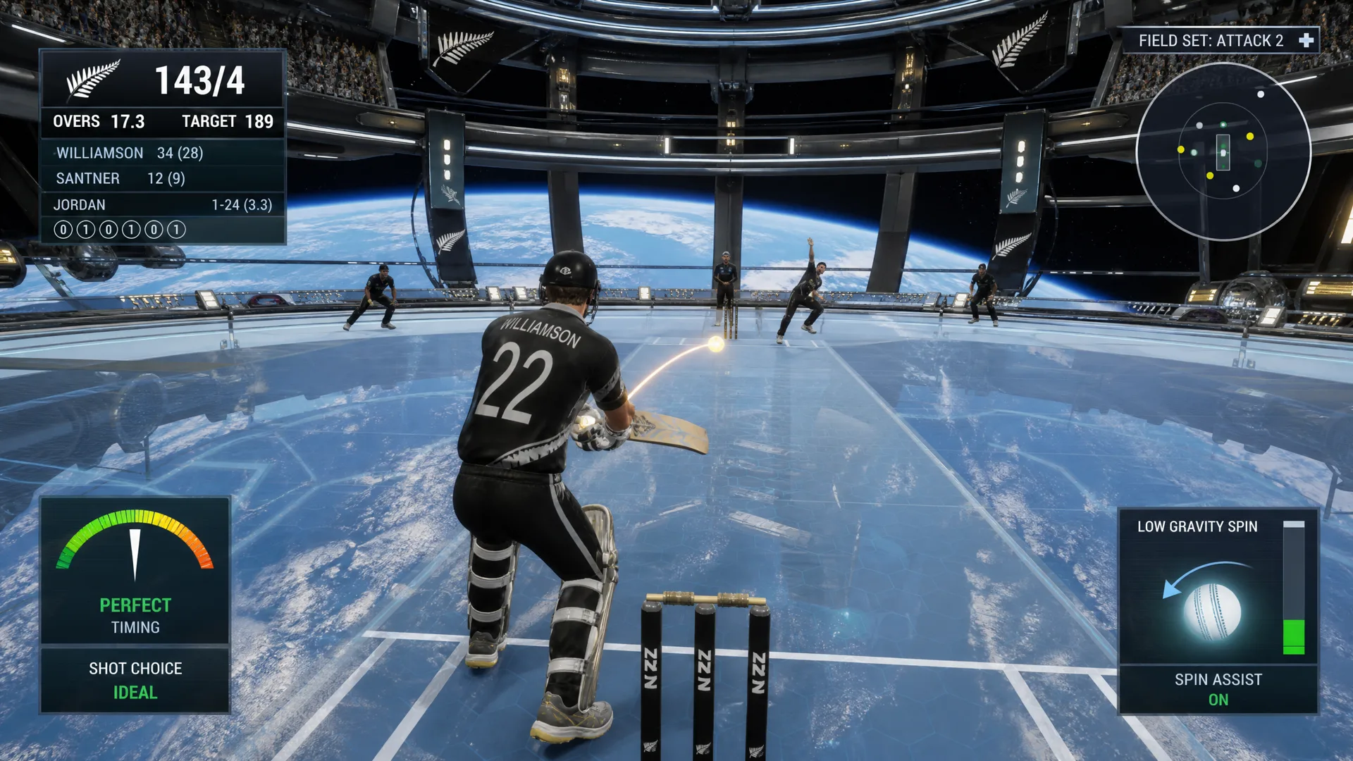 A batter striking a glowing ball in an orbital cricket stadium.