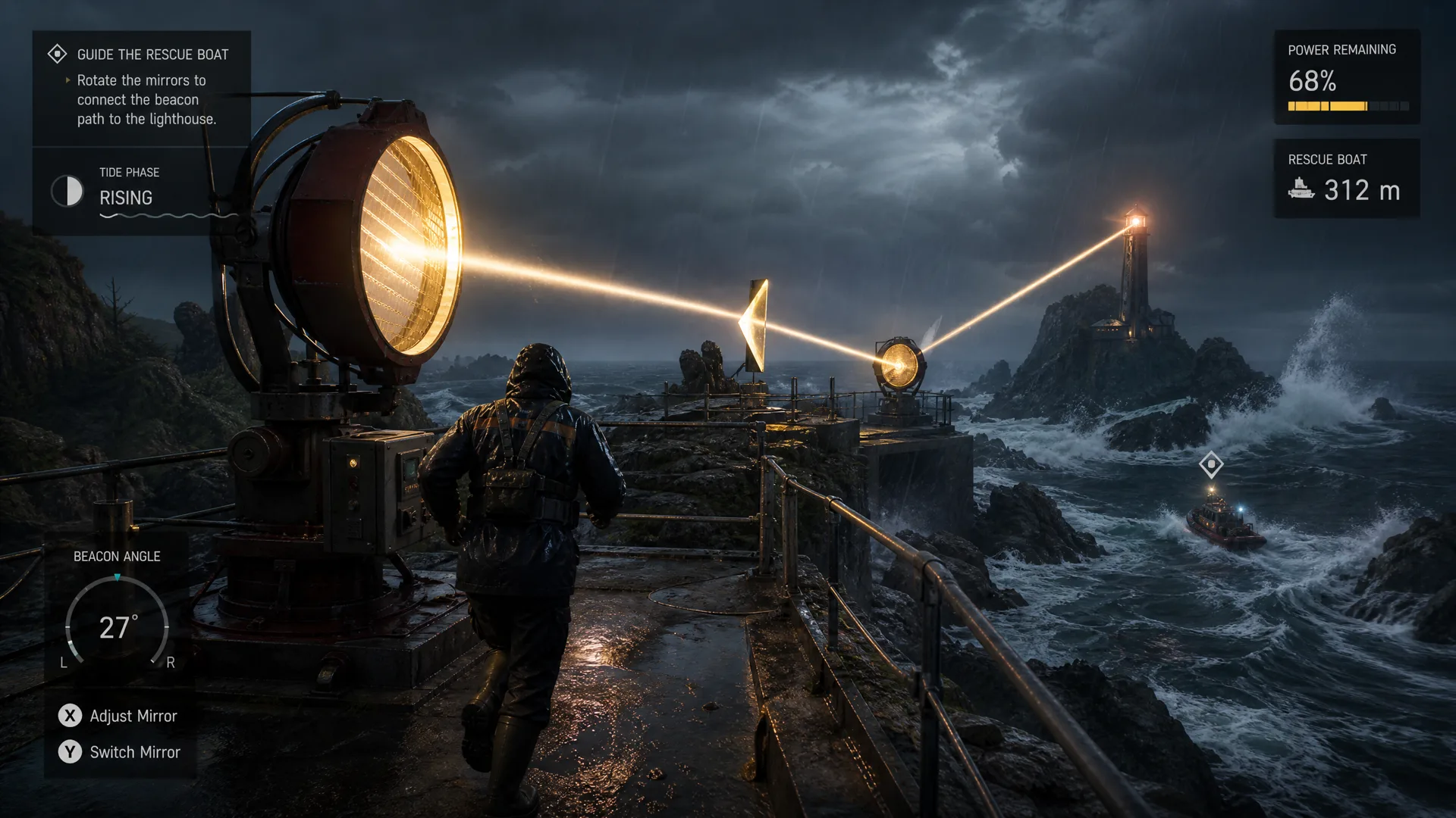 First-person lighthouse repair gameplay during a severe coastal storm.